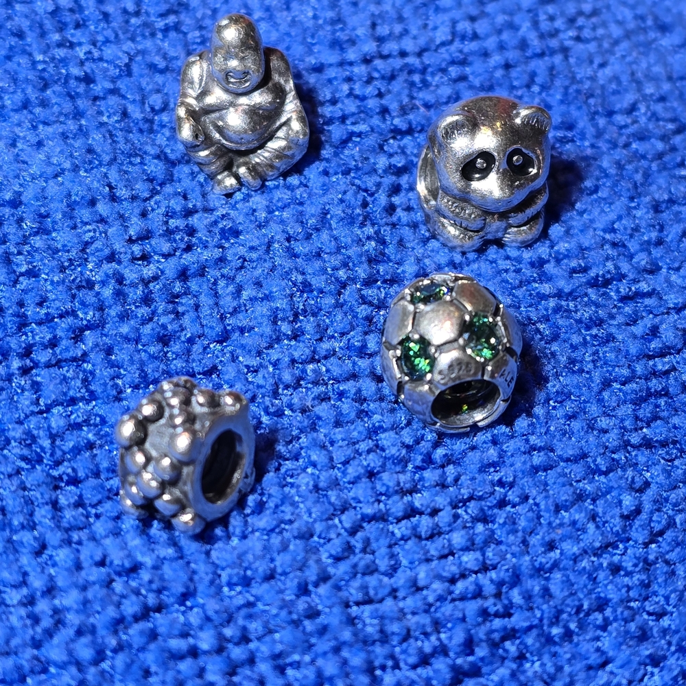Sterling Silver Pandora Soccer Ball, DNA, Buddha, & Panda Charms